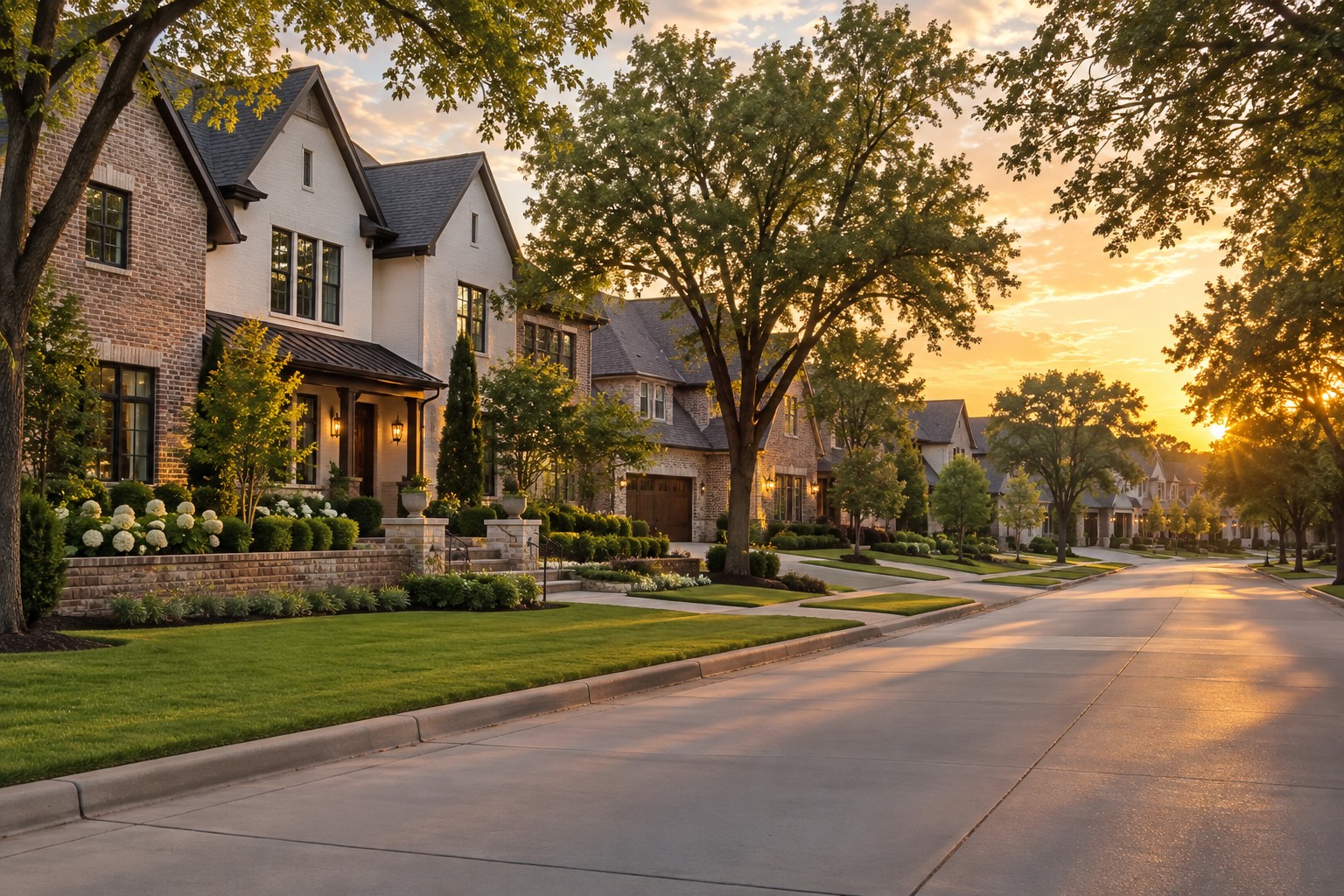 An upscale North Texas neighborhood street at golden hour, illustrative