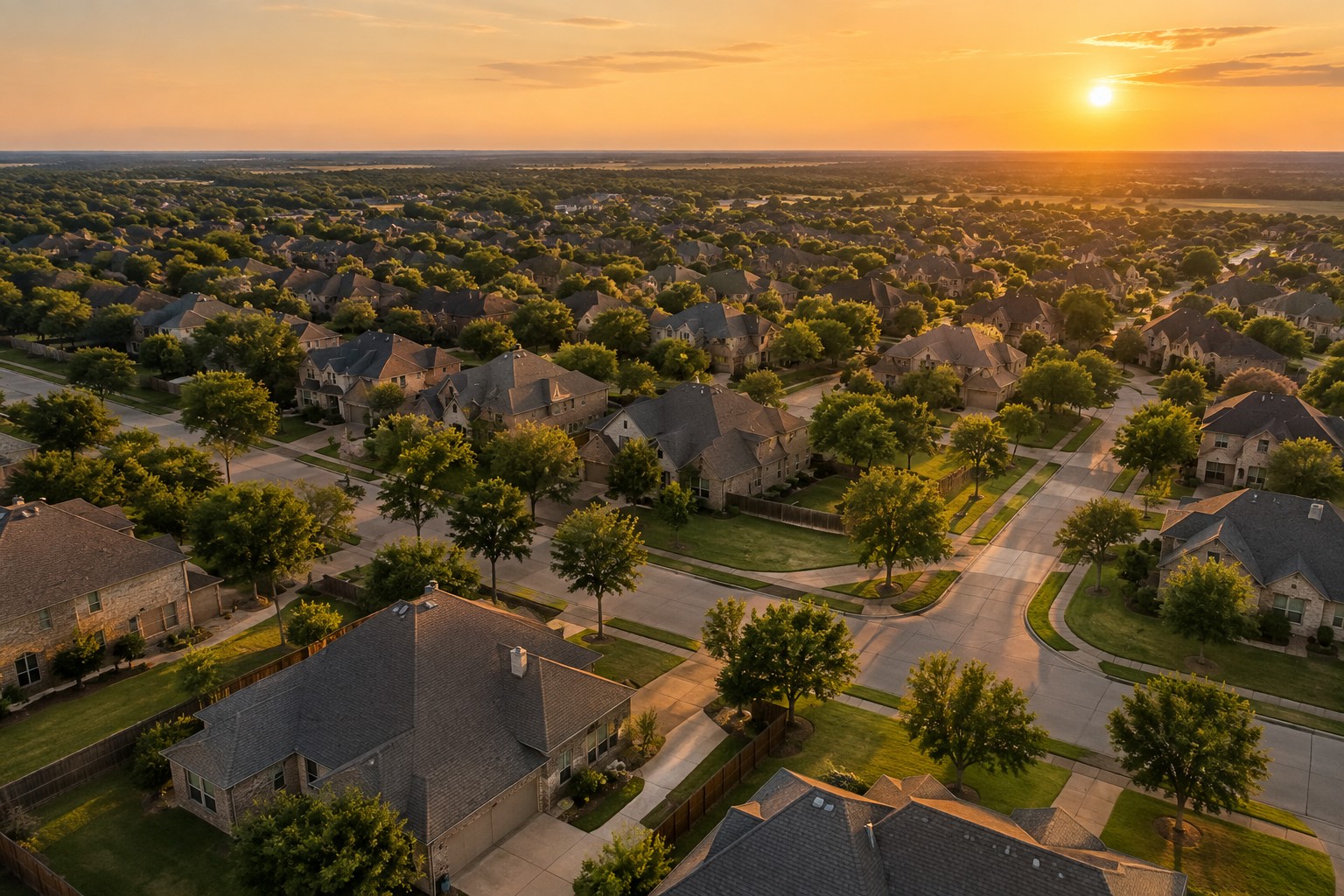 A North Texas suburban neighborhood at golden hour, illustrative