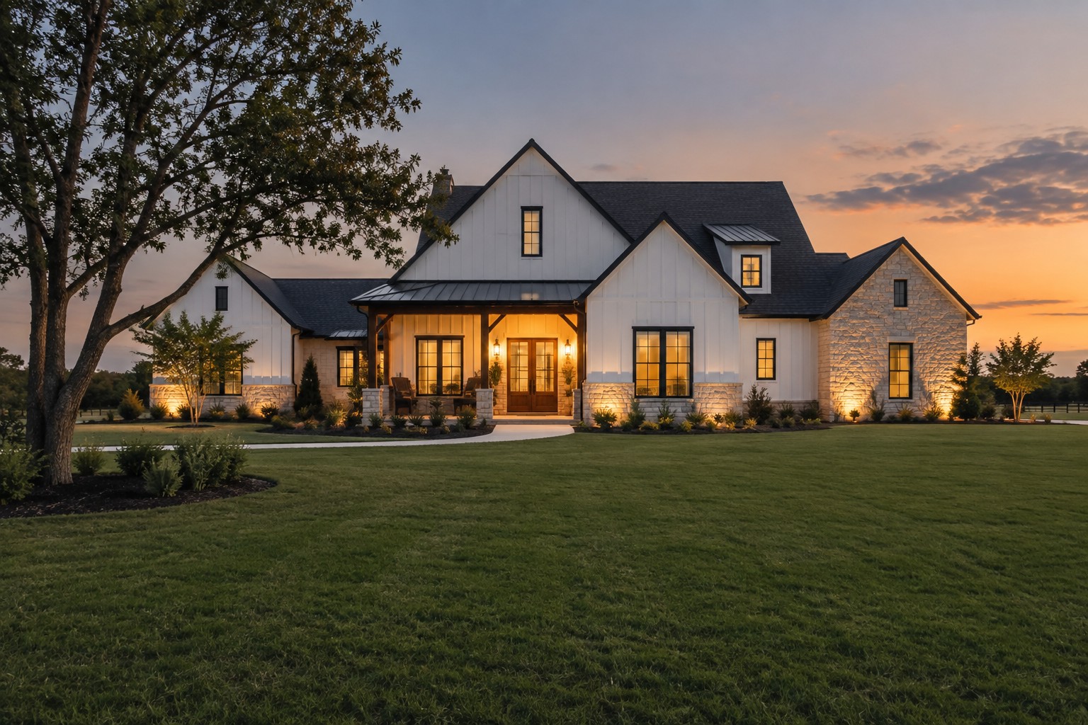 A North Texas home exterior at dusk, illustrative